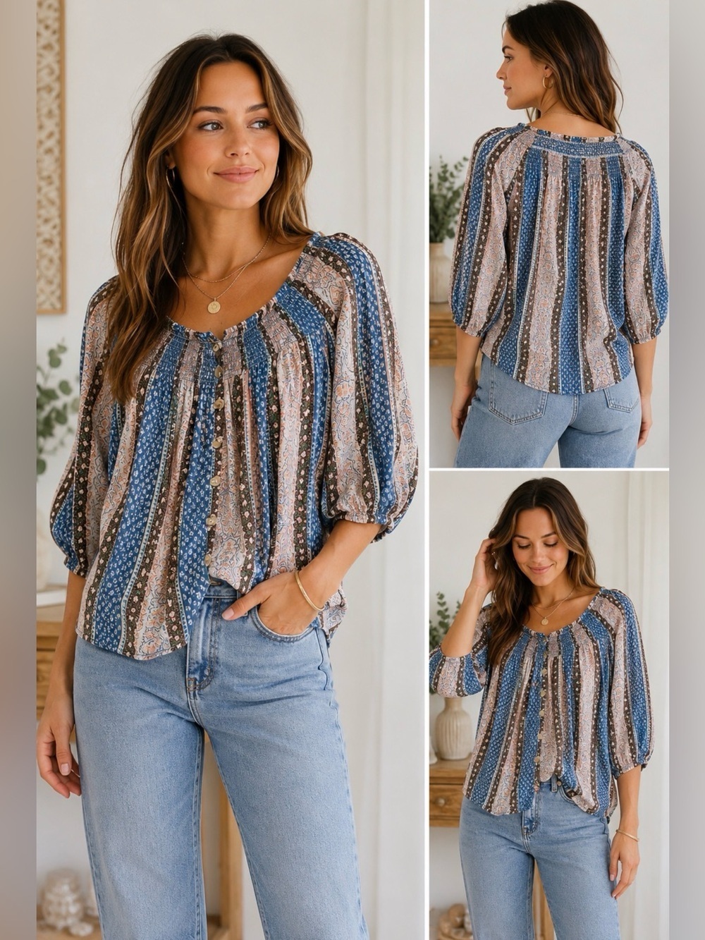 NEW Davi & Dani Boho Peasant Blouse NWT Blue Paisley Smocked cottagecore Top S